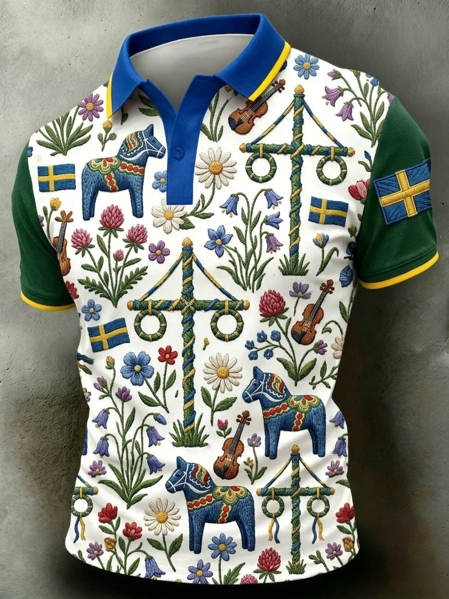 Men's Retro Swedish Midsummer Art Print Short-Sleeve Polo Shirt