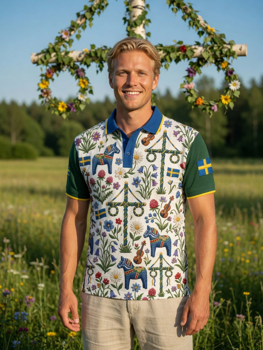 Men's Retro Swedish Midsummer Art Print Short-Sleeve Polo Shirt