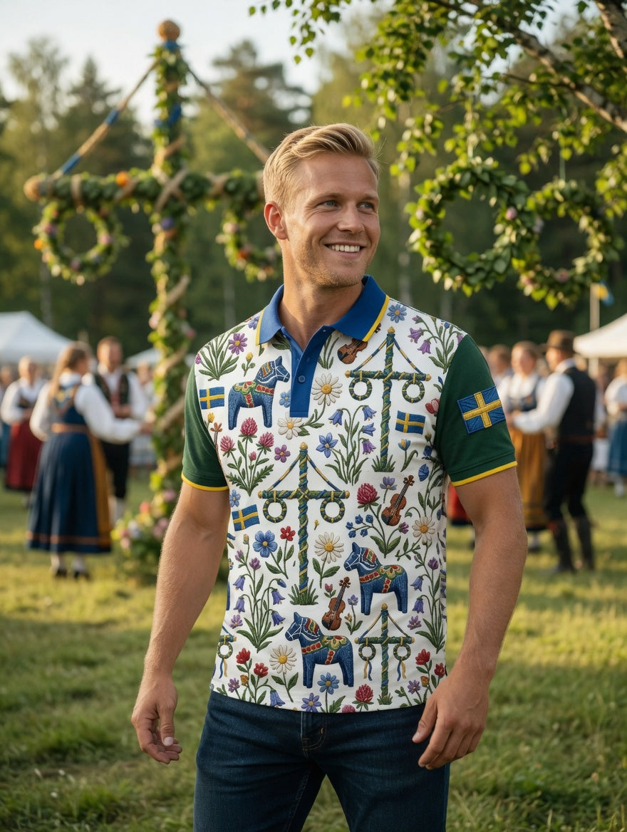 Men's Retro Swedish Midsummer Art Print Short-Sleeve Polo Shirt