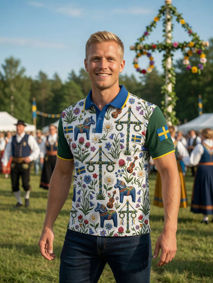 Men's Retro Swedish Midsummer Art Print Short-Sleeve Polo Shirt