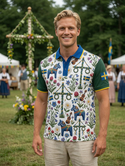 Men's Retro Swedish Midsummer Art Print Short-Sleeve Polo Shirt