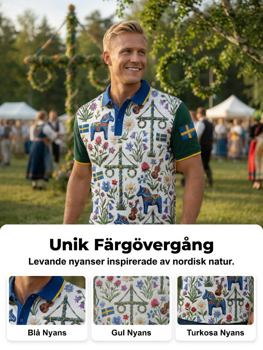 Men's Retro Swedish Midsummer Art Print Short-Sleeve Polo Shirt