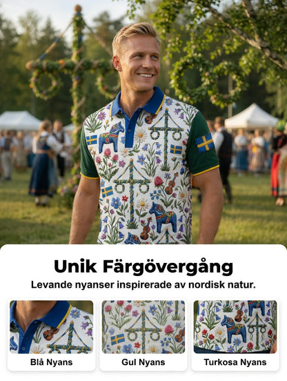Men's Retro Swedish Midsummer Art Print Short-Sleeve Polo Shirt
