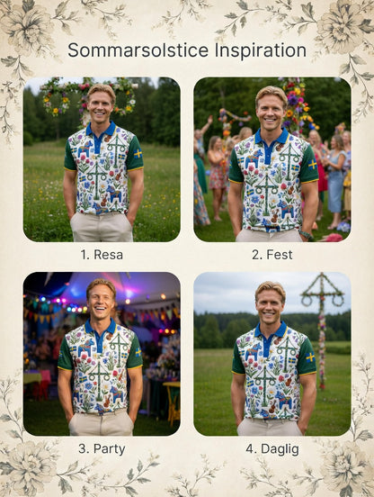 Men's Retro Swedish Midsummer Art Print Short-Sleeve Polo Shirt