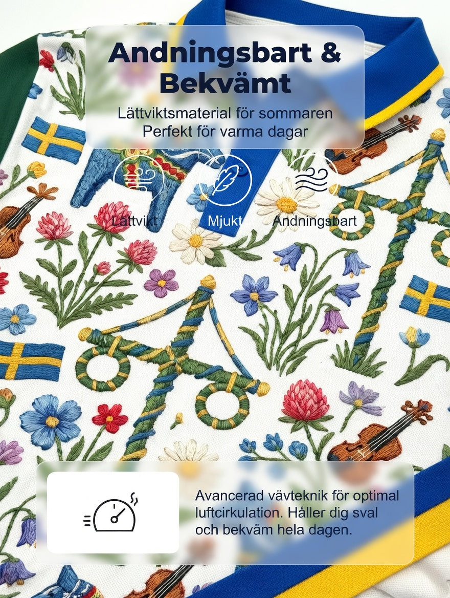 Men's Retro Swedish Midsummer Art Print Short-Sleeve Polo Shirt