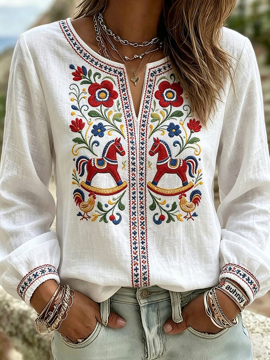 Women's Retro Swedish Midsummer Folk Floral Cotton-Linen Blouse
