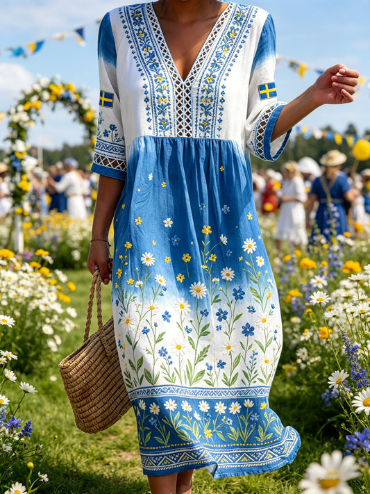 Women's Midsummer Floral Print Ombré V-Neck Dress