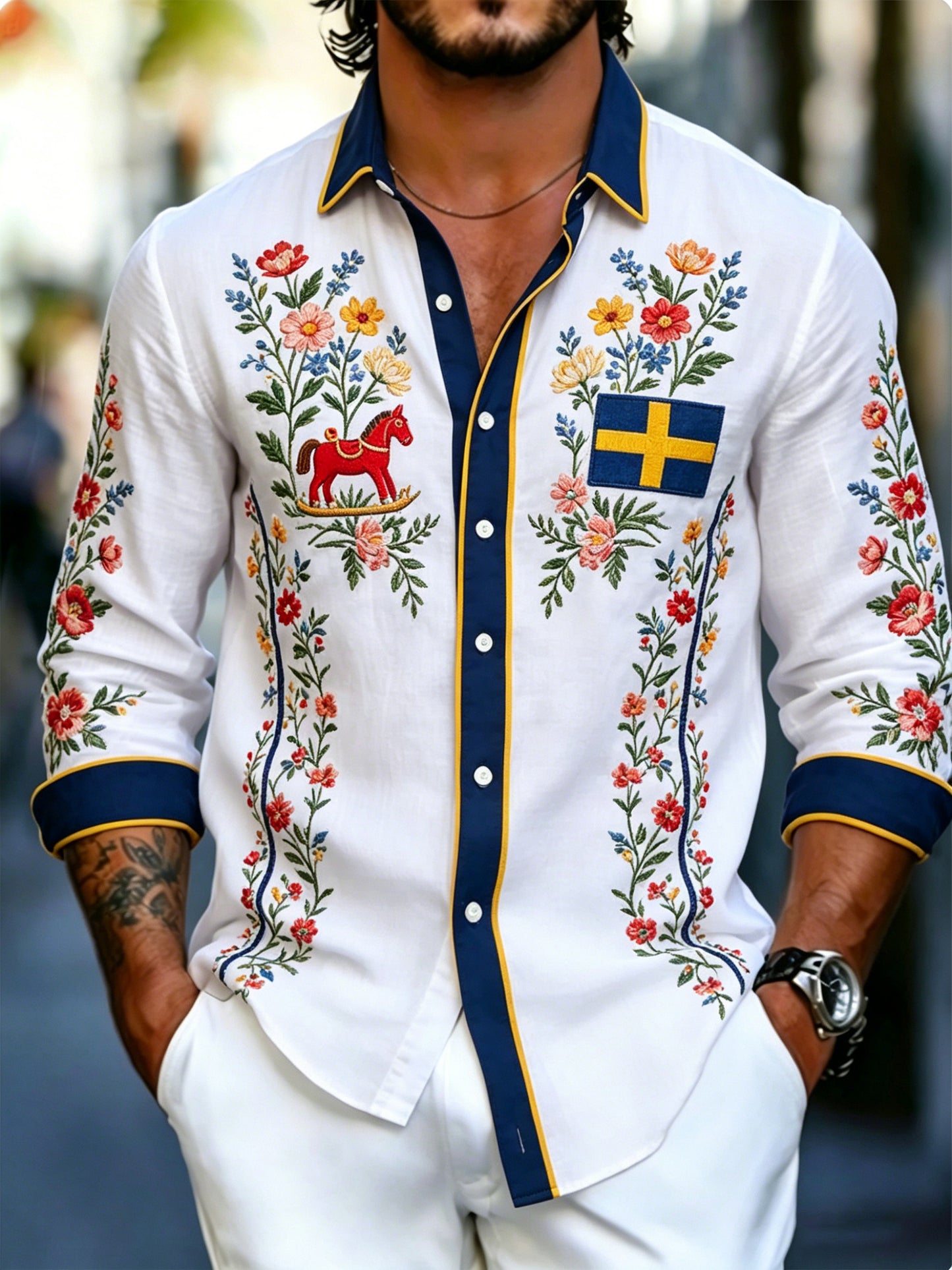 Men's Swedish Flag Color Scheme Art Print Long-Sleeved Shirt