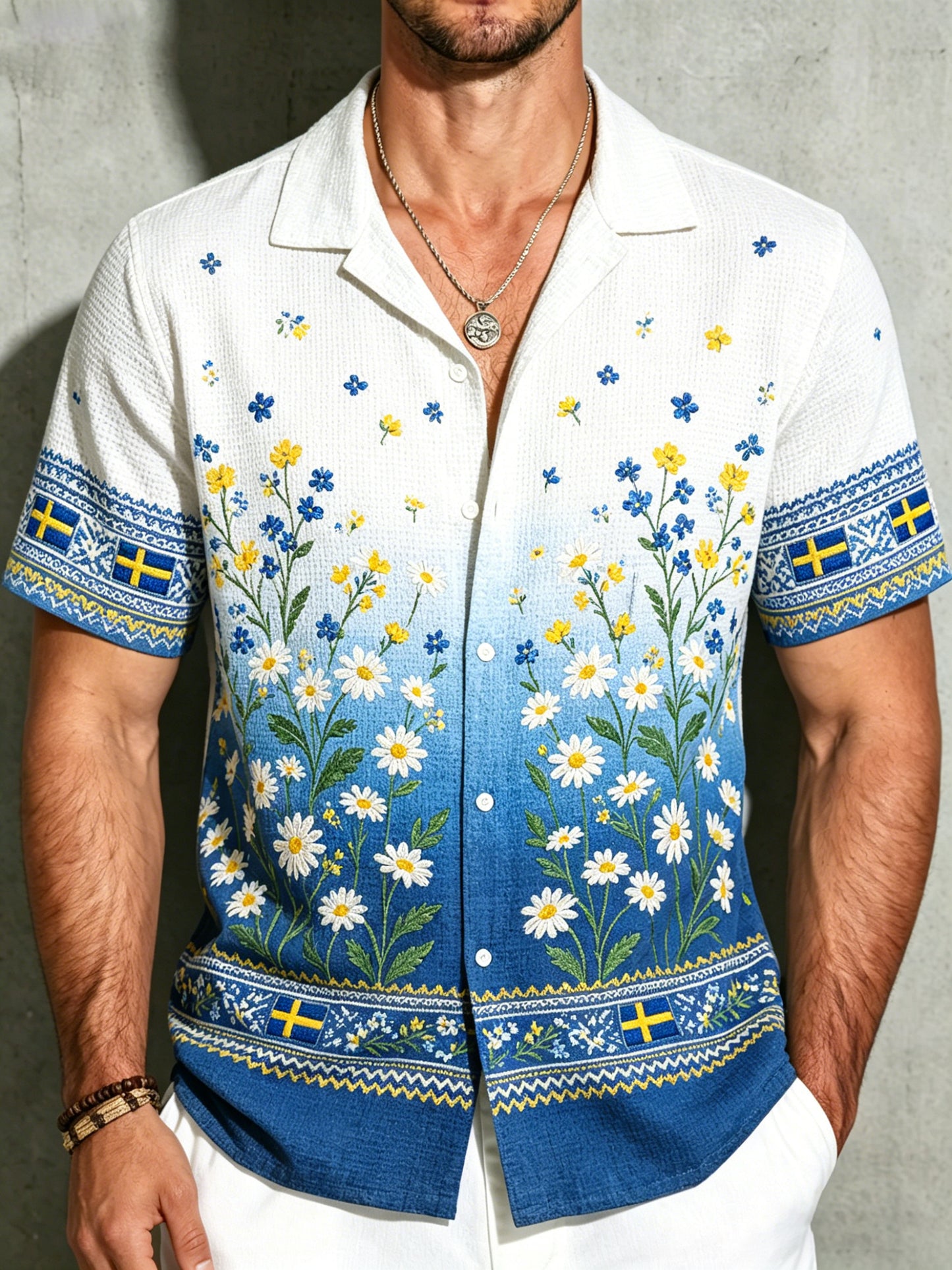 Men's Midsummer Floral Print Waffle-Knit Short-Sleeve Shirt