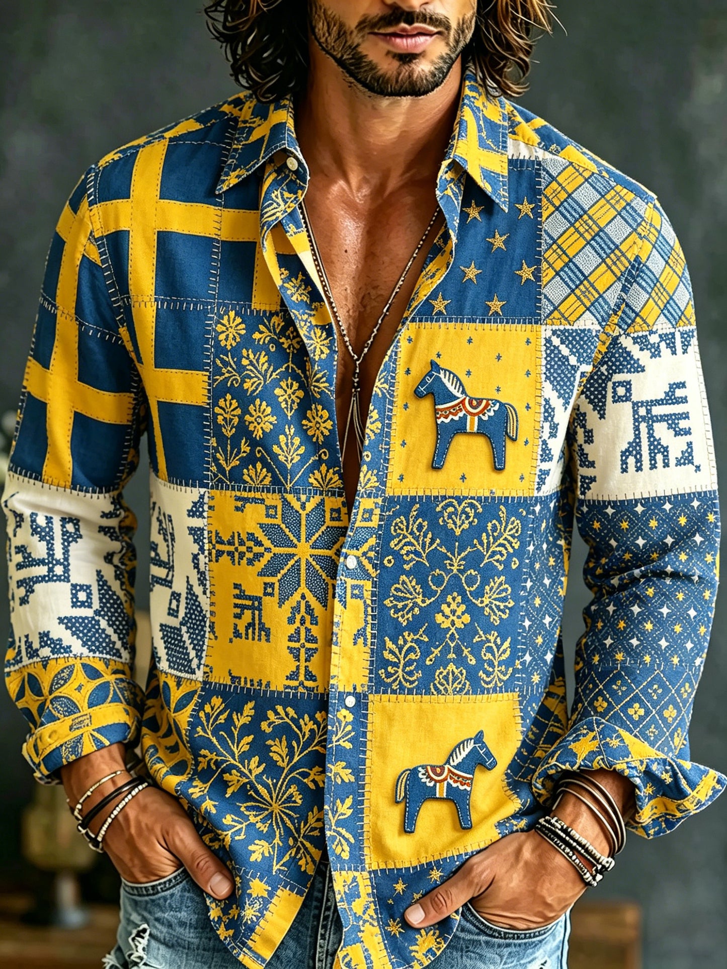 Men's Swedish Flag Color Scheme Art Print Long-Sleeved Shirt