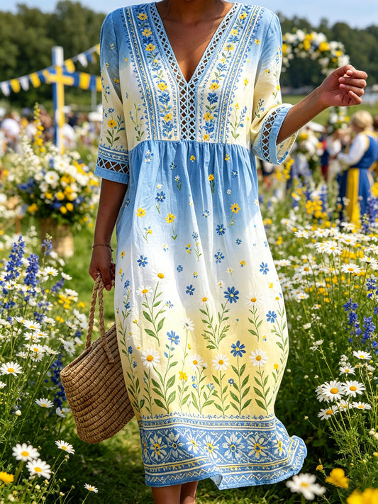 Women's Midsummer Floral Print Ombré V-Neck Dress