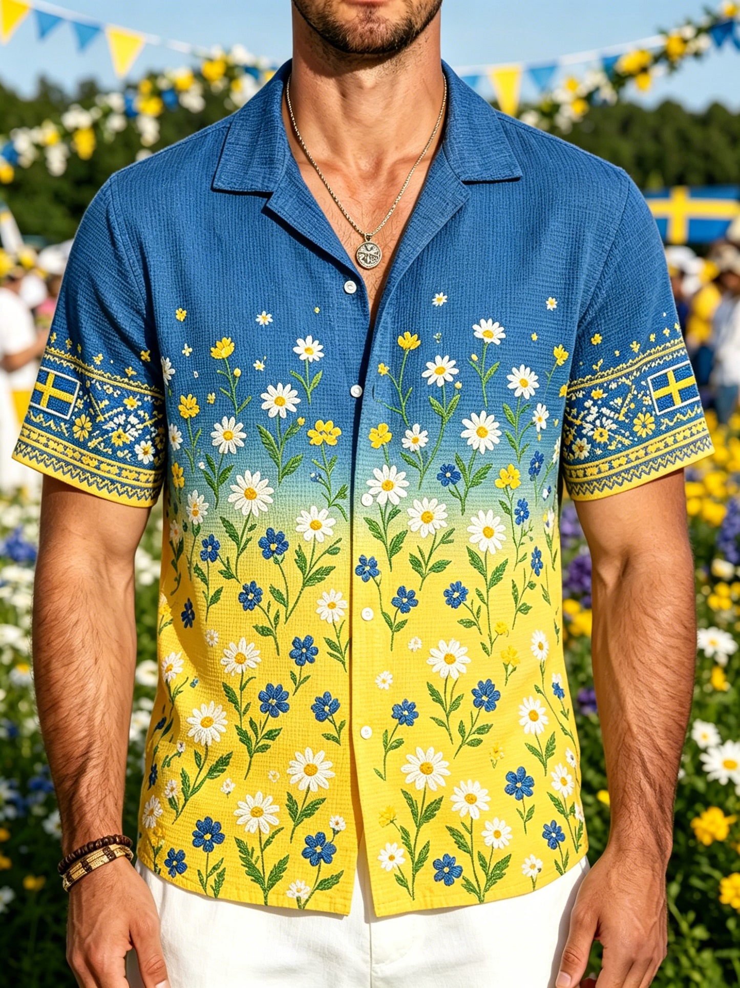 Men's Midsummer Floral Print Waffle-Knit Short-Sleeve Shirt