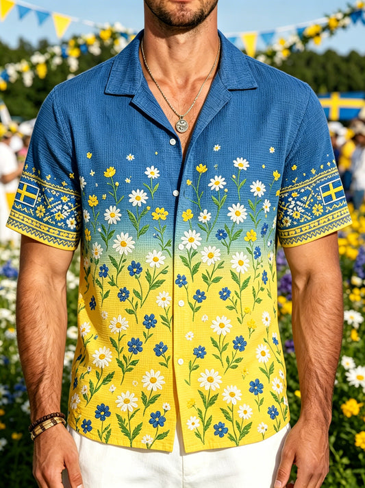Men's Midsummer Floral Print Waffle-Knit Short-Sleeve Shirt