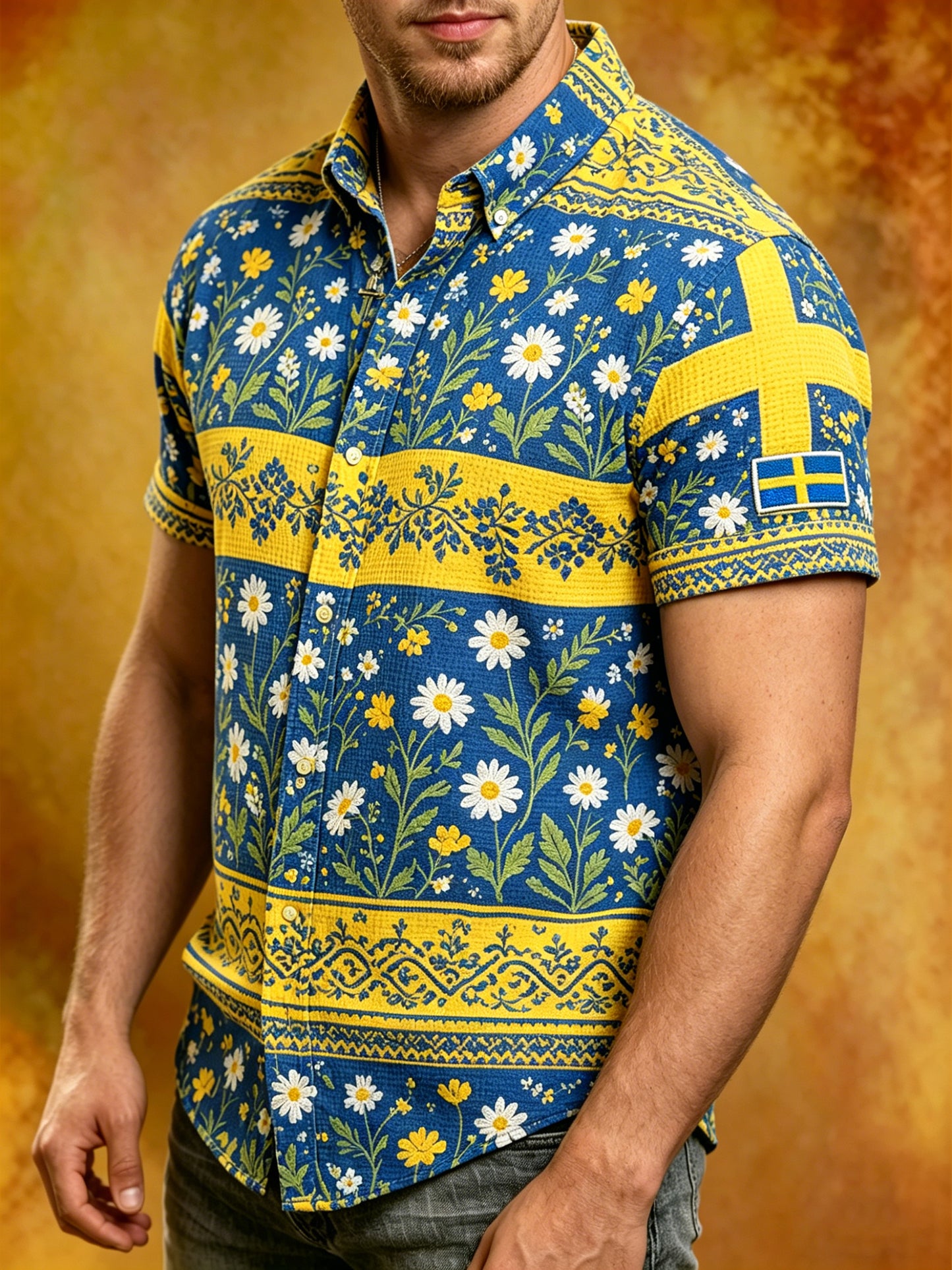 Men's Midsummer Floral Print Waffle-Knit Short-Sleeve Shirt