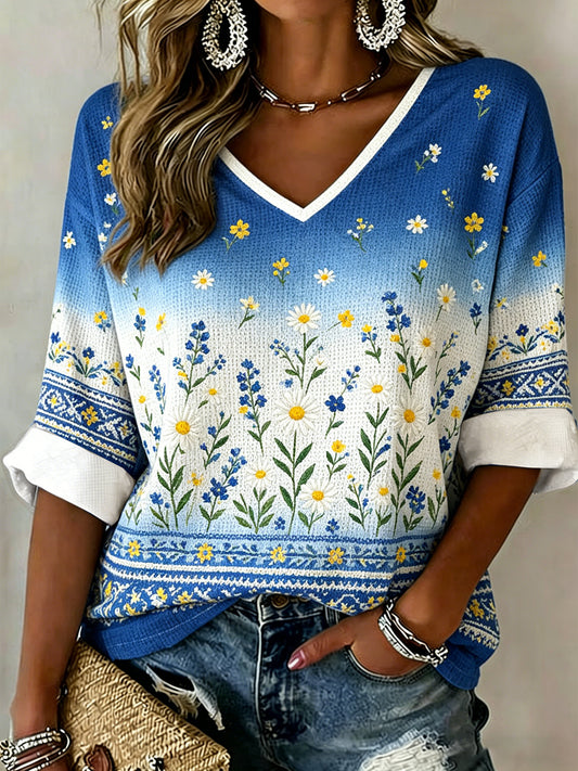 Women's Midsummer Floral Print Gradient V-Neck Top