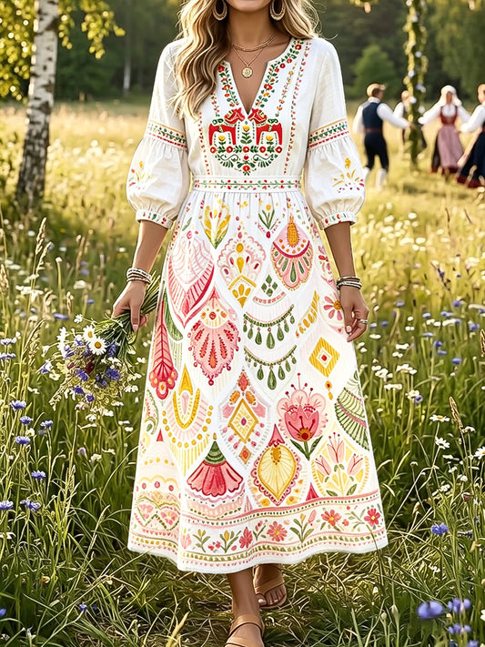 Women’s White Summer Casual Dress with Swedish Dala Horse Graffiti Print