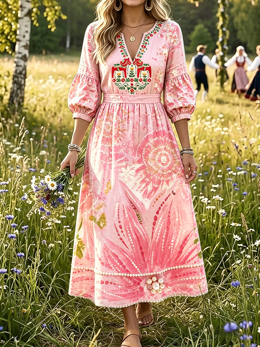 Women’s Pink Summer Swedish Dala Horse Floral Print Casual Dress