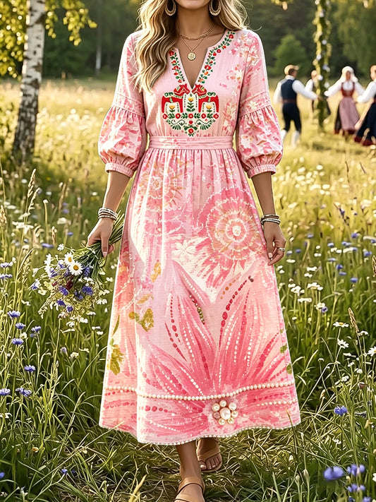 Women’s Pink Summer Swedish Dala Horse Floral Print Casual Dress