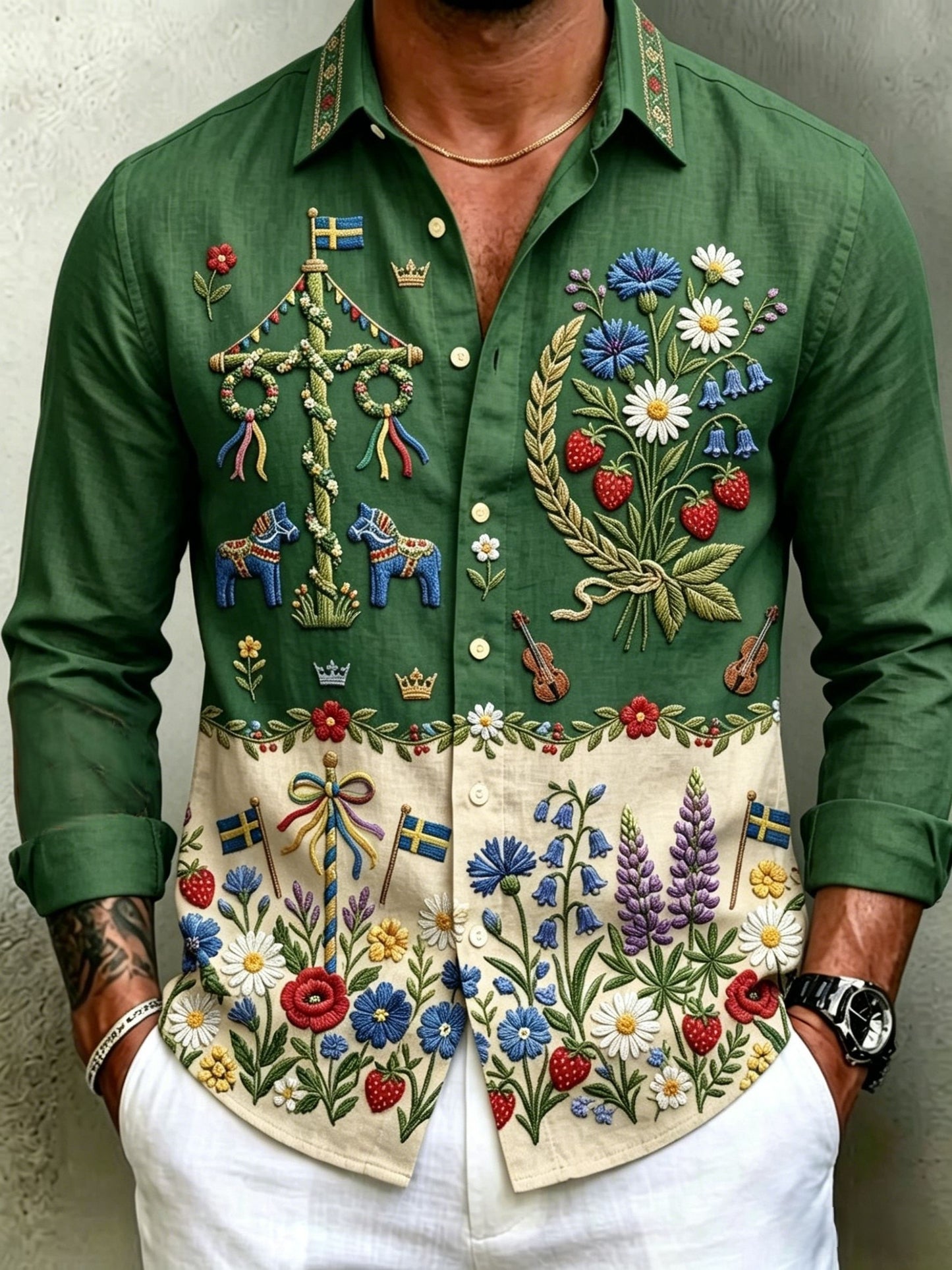 Men's Retro Swedish Midsummer Folk Floral Cotton-Linen Long-Sleeve Shirts