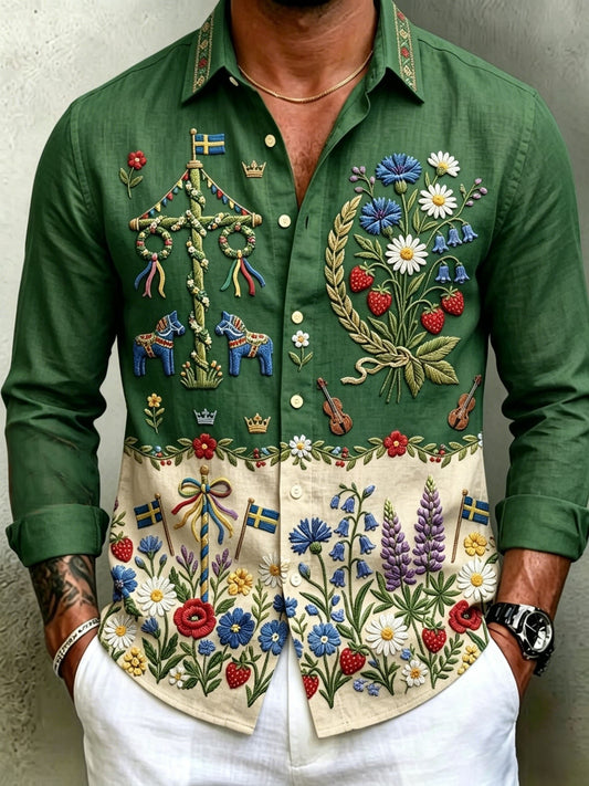 Men's Retro Swedish Midsummer Folk Floral Cotton-Linen Long-Sleeve Shirts