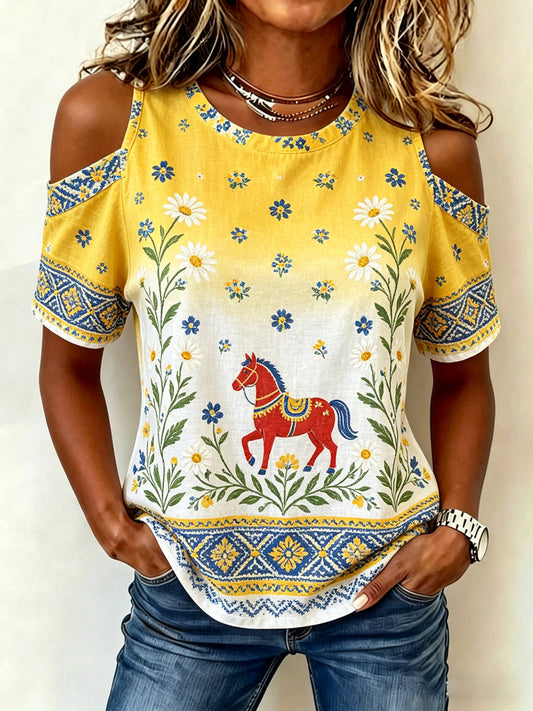 Women's Midsummer Festival Floral Art Print Off-Shoulder T-Shirt