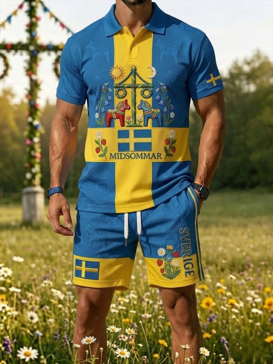 Men's Retro Swedish Midsummer Folk Floral Print Casual Polo & Shorts Set