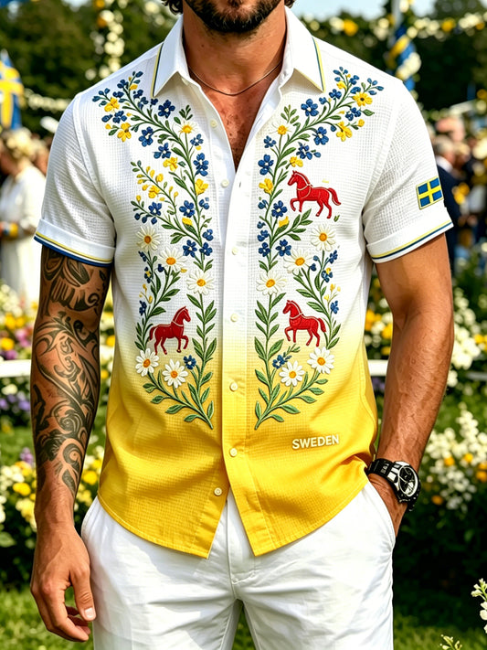 Men's Midsummer Festival Floral Art Print Waffle Short-Sleeve Shirt