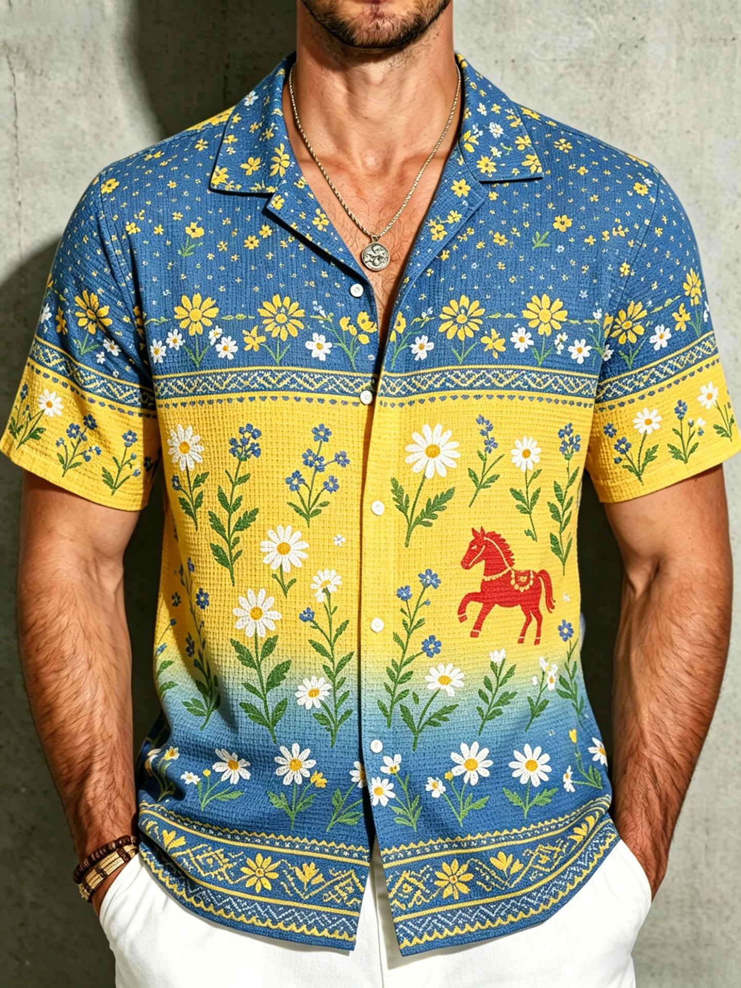 Men's Midsummer Festival Floral Art Print Waffle Short-Sleeve Shirt