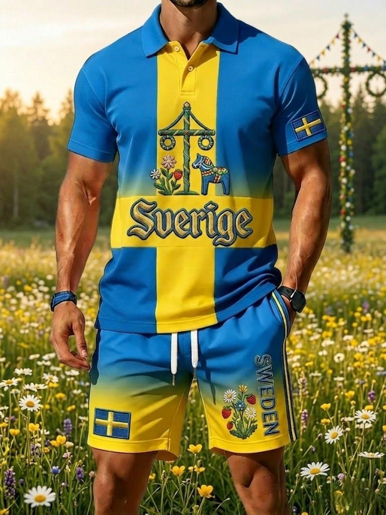 Men's Retro Swedish Midsummer Folk Floral Print Casual Polo & Shorts Set