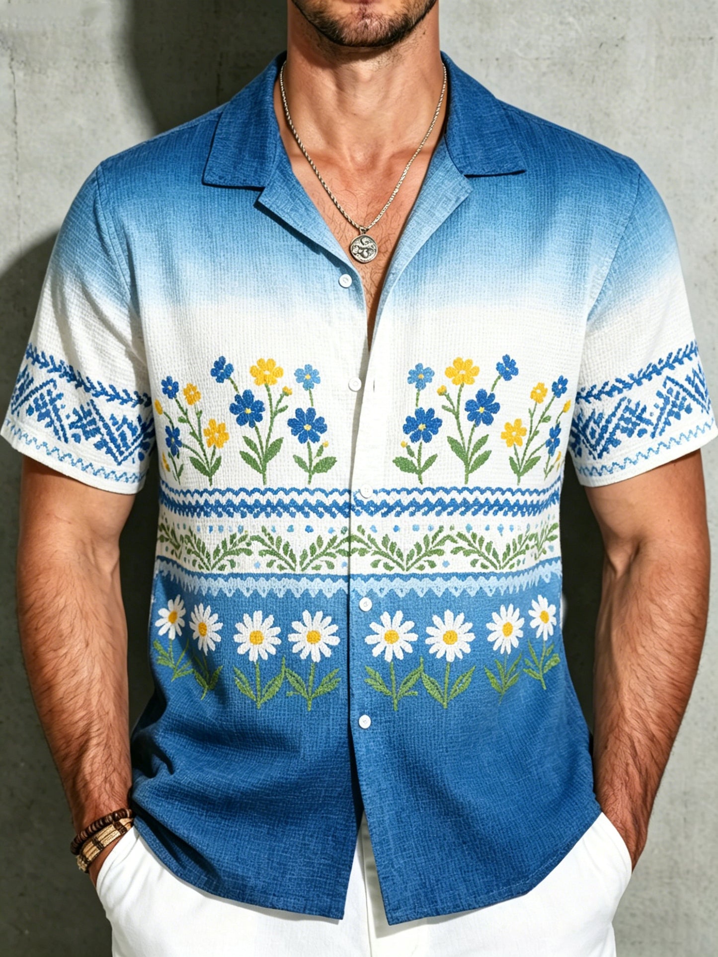 Men's Midsummer Festival Floral Art Print Waffle Short-Sleeve Shirt