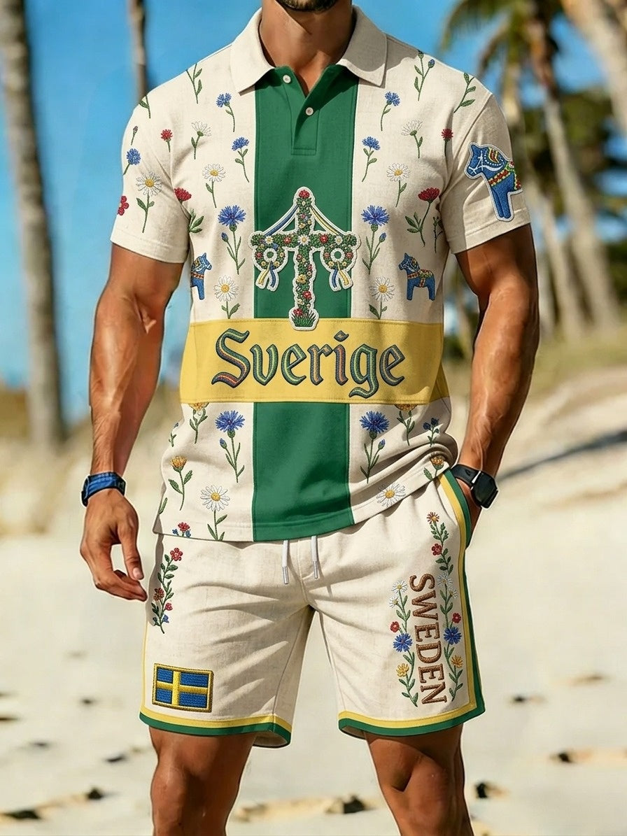 Men's Retro Swedish Midsummer Folk Floral Print Casual Polo & Shorts Set