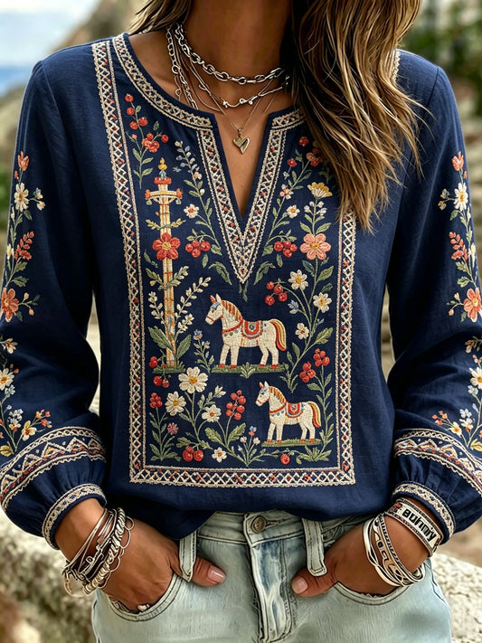 Women's Retro Swedish Midsummer Folk Floral Cotton-Linen Blouse