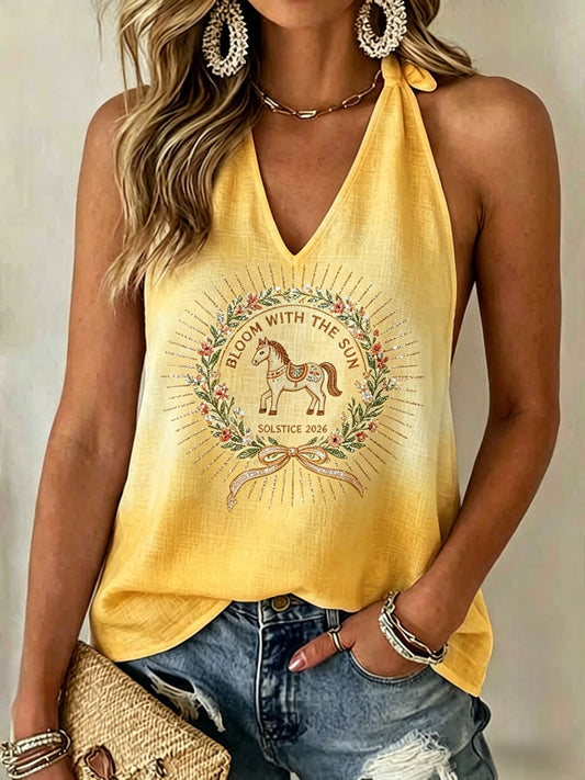Women's Retro Swedish Midsummer Folk Floral Cotton-Linen Backless Halter Vests