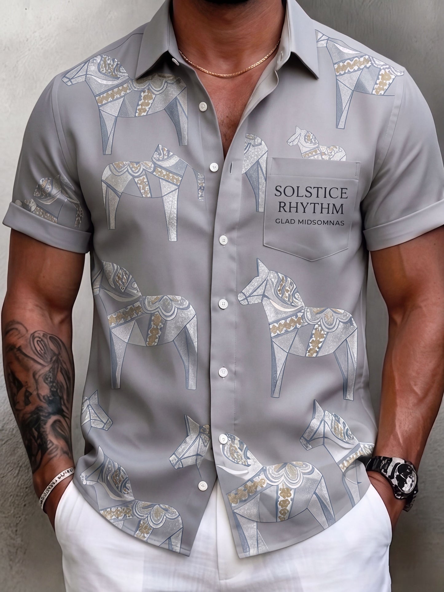 Men's Retro Swedish Midsummer Folk Floral Cotton-Linen Pockets Short-Sleeve Shirts