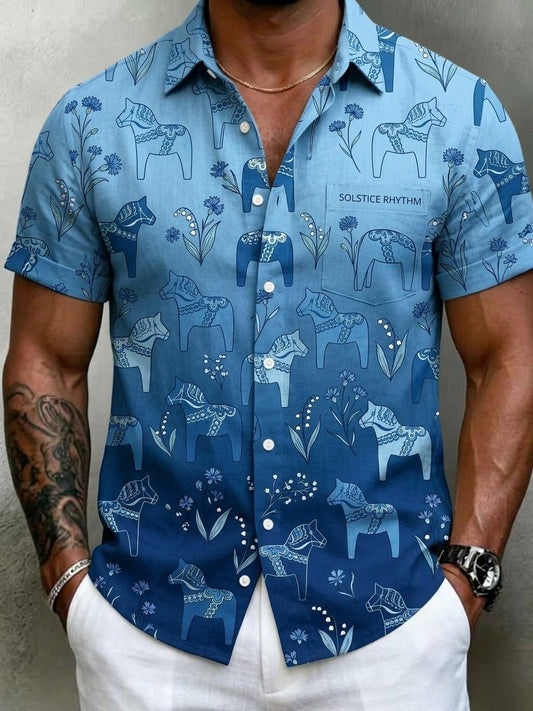 Men's Retro Swedish Midsummer Folk Floral Cotton-Linen Pockets Short-Sleeve Shirts