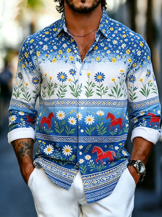 Men's Midsummer Floral Art Print Casual Waffle-Knit Long-Sleeve Shirt
