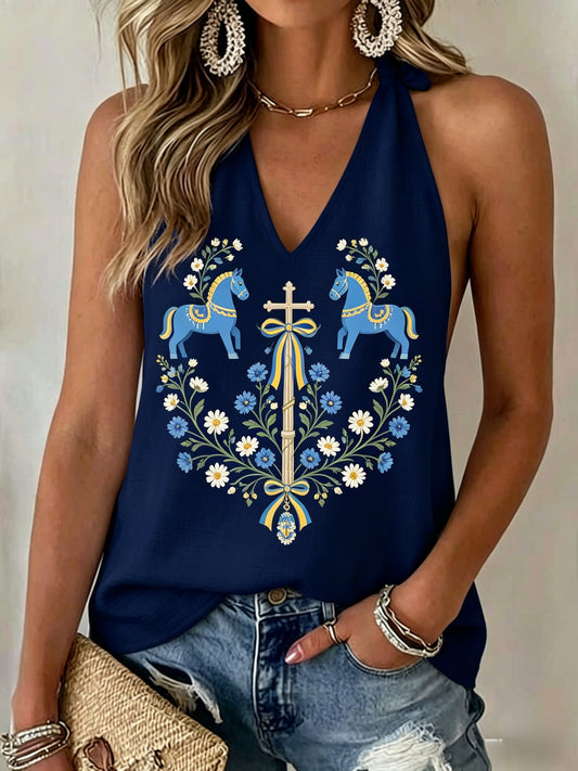 Women's Retro Swedish Midsummer Folk Floral Backless Halter Vests