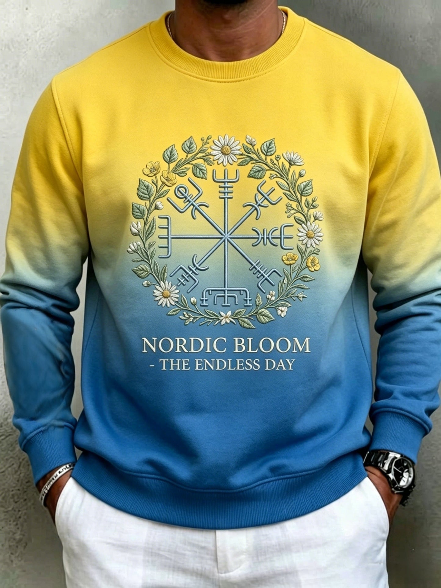 Men's Vintage Swedish Midsummer Vegvisir Flower Crown Long Sleeve Sweatshirt