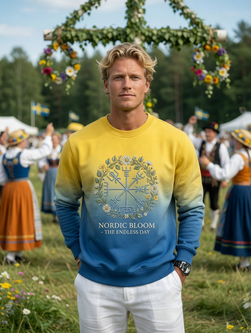 Men's Vintage Swedish Midsummer Vegvisir Flower Crown Long Sleeve Sweatshirt