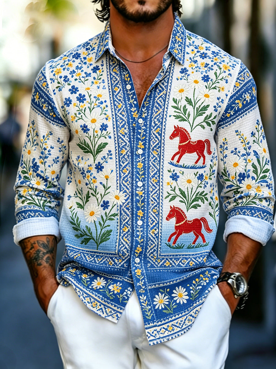 Men's Midsummer Floral Art Print Casual Waffle-Knit Long-Sleeve Shirt