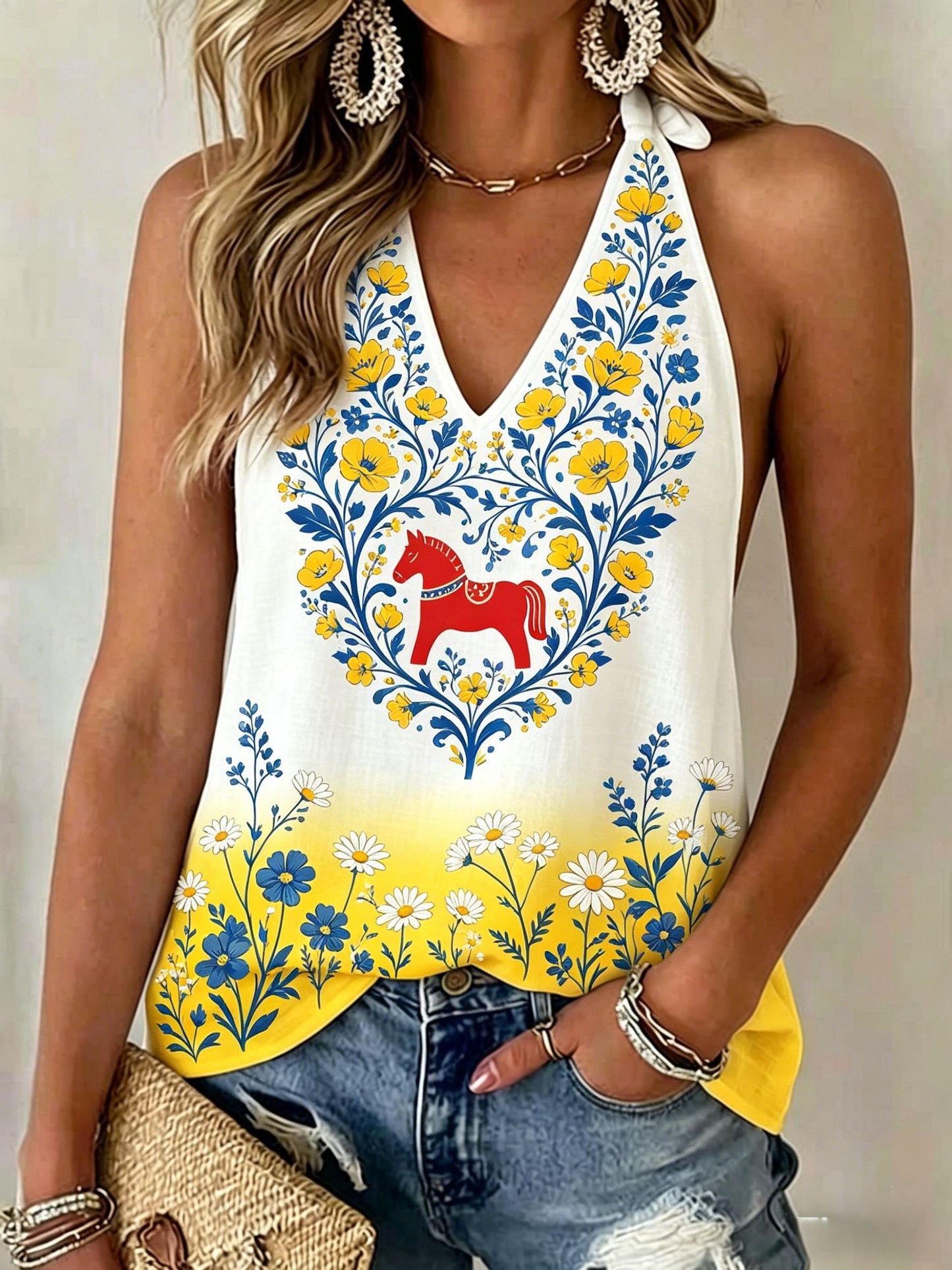 Women's Retro Swedish Midsummer Folk Floral Backless Halter Vests
