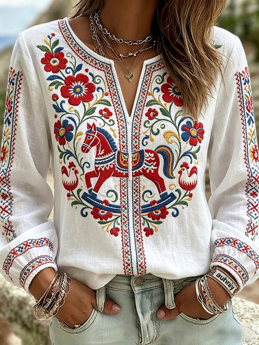 Women's Retro Swedish Midsummer Folk Floral Cotton-Linen Blouse
