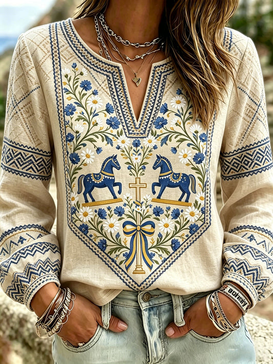 Women's Retro Swedish Midsummer Folk Floral Cotton-Linen Blouse
