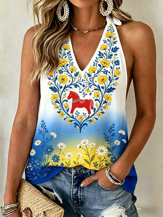 Women's Retro Swedish Midsummer Folk Floral Backless Halter Vests
