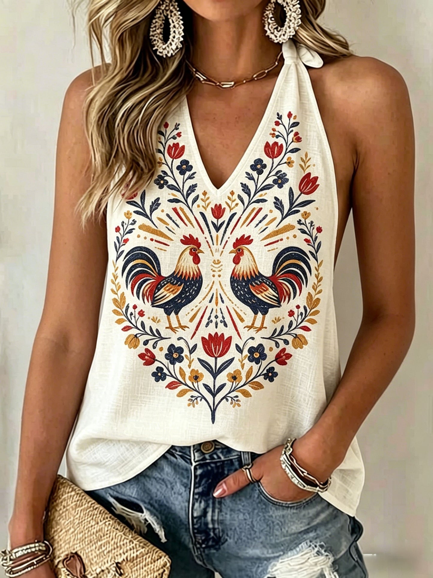Women's Retro Swedish Midsummer Folk Floral Backless Halter Vests