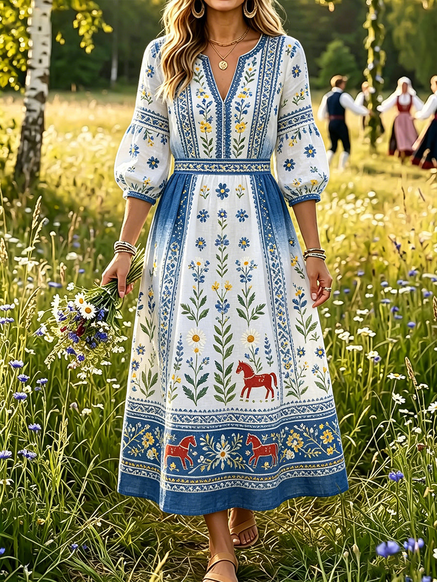 Women’s Swedish Midsummer Dala Horse Print Casual Fashion Cotton-Linen V-Neck Dress