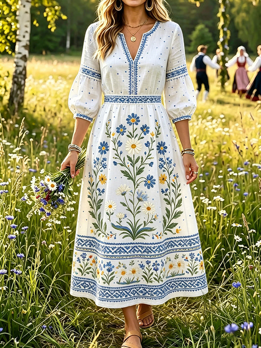 Women’s Swedish Midsummer Dala Horse Print Casual Fashion Cotton-Linen V-Neck Dress