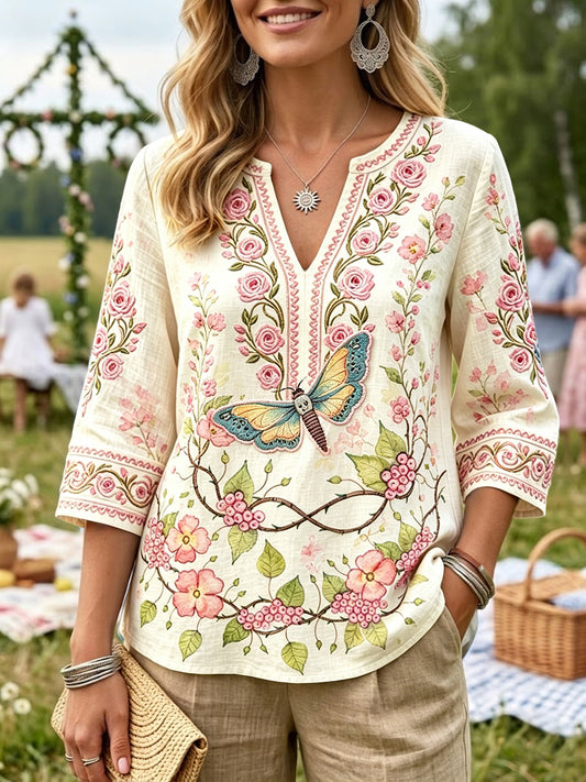 Women’s Off-White Swedish Bow Print Casual V-Neck Cotton-Linen T-Shirt