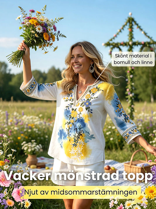 Women’s Swedish Midsummer Floral Print Casual V-neck Linen-Cotton T-shirt