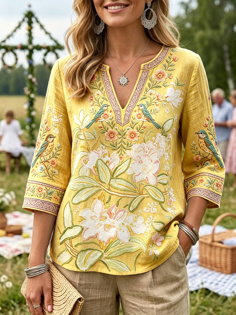 Women’s Yellow Swedish Floral and Bird Print Casual V-neck Cotton-Linen T-shirt